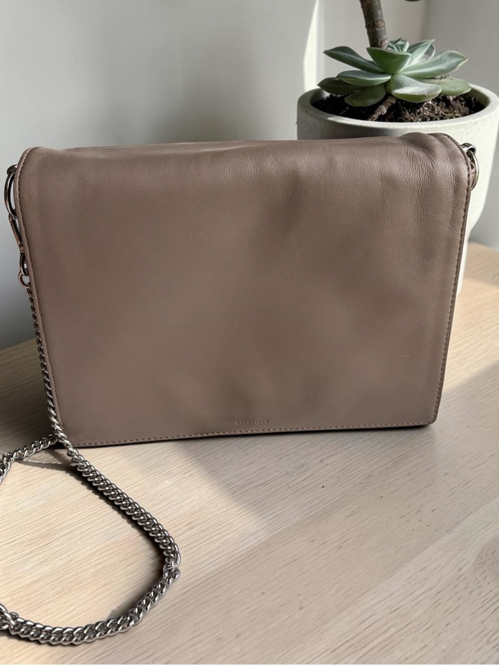 All Saints Taupe Lambskin Leather Zep Box Bag Crossbody with Silver Chain